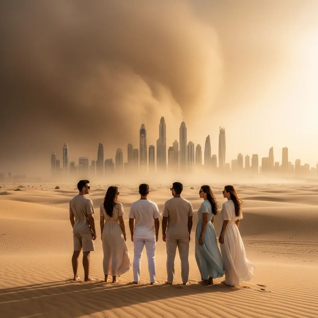 People enjoying cooler weather in UAE desert with dust storm approaching in background