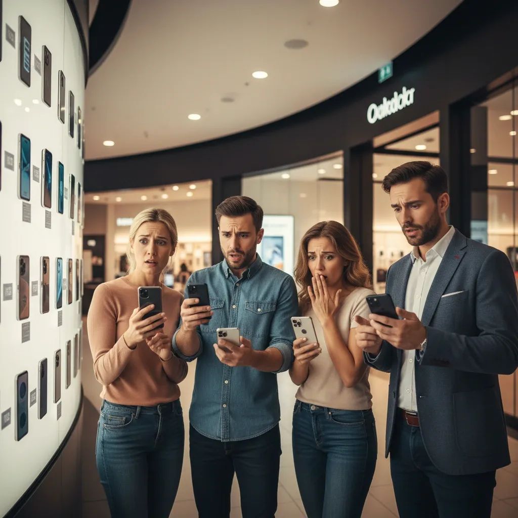 Customers examining expensive smartphones in retail store with visible price tags