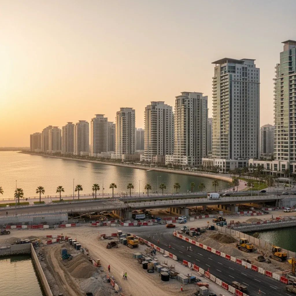 Sharjah skyline with residential towers and active roadworks illustrating pending property and infrastructure reforms