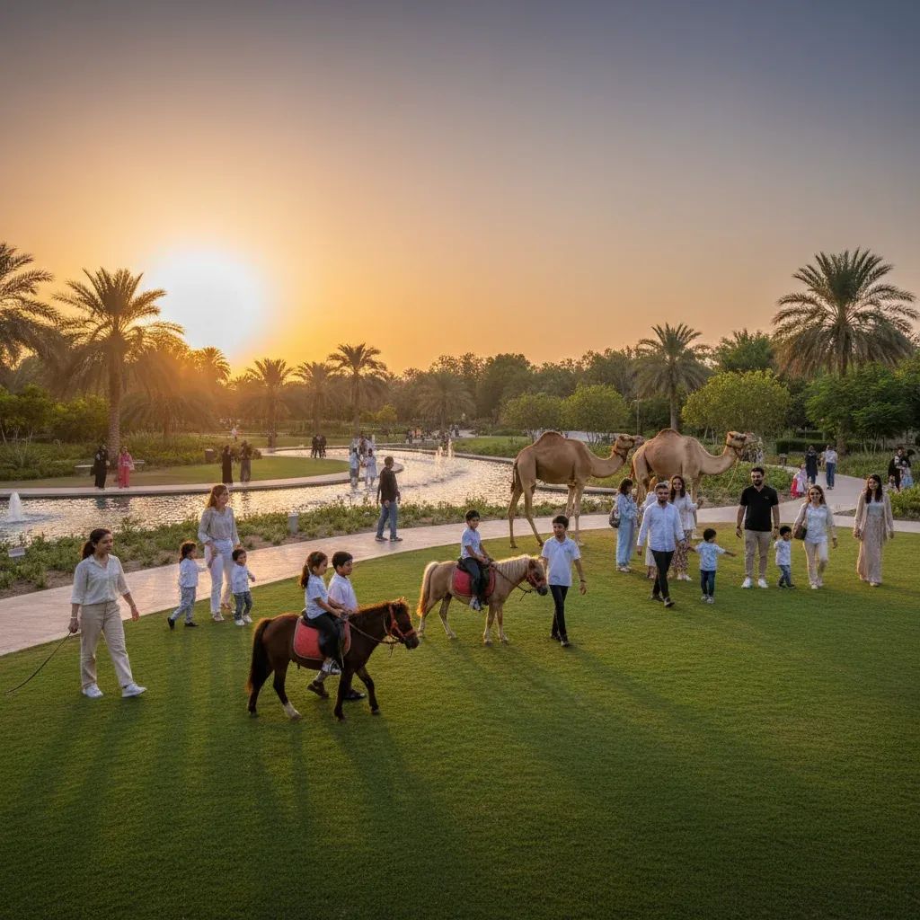 Diverse families enjoying Umm Al Emarat Park in Abu Dhabi during evening hours with botanical gardens and animal activities visible