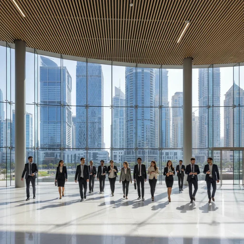 Dubai business district with professionals in modern commercial setting representing economic growth