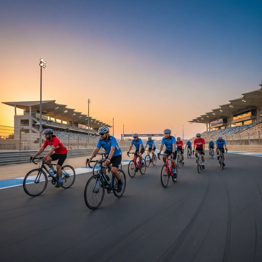 Diverse cyclists riding together on professional track at Dubai Autodrome during evening session