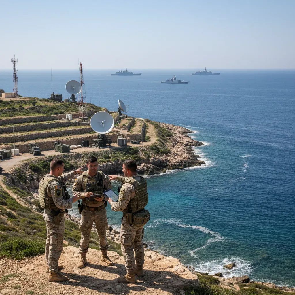 NATO military defense installations deployed along Cyprus coast with naval vessels in Eastern Mediterranean