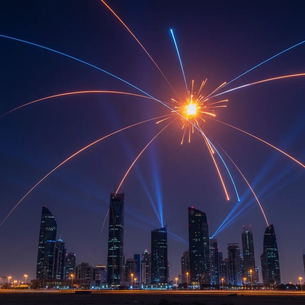 UAE air defense systems intercepting incoming Iranian threats over cityscape at night with missile light trails visible
