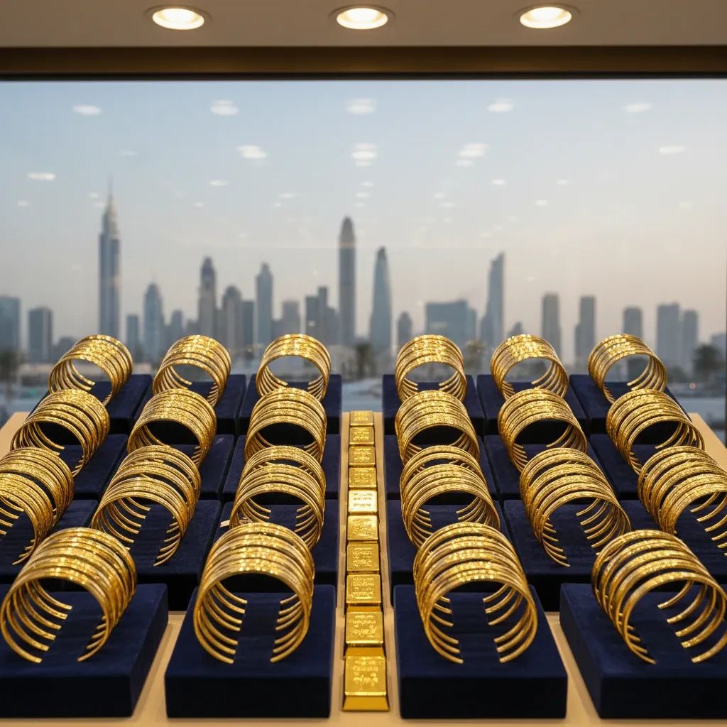 Gold bangles and small bullion bars on display in a brightly lit Dubai jewellery shop window