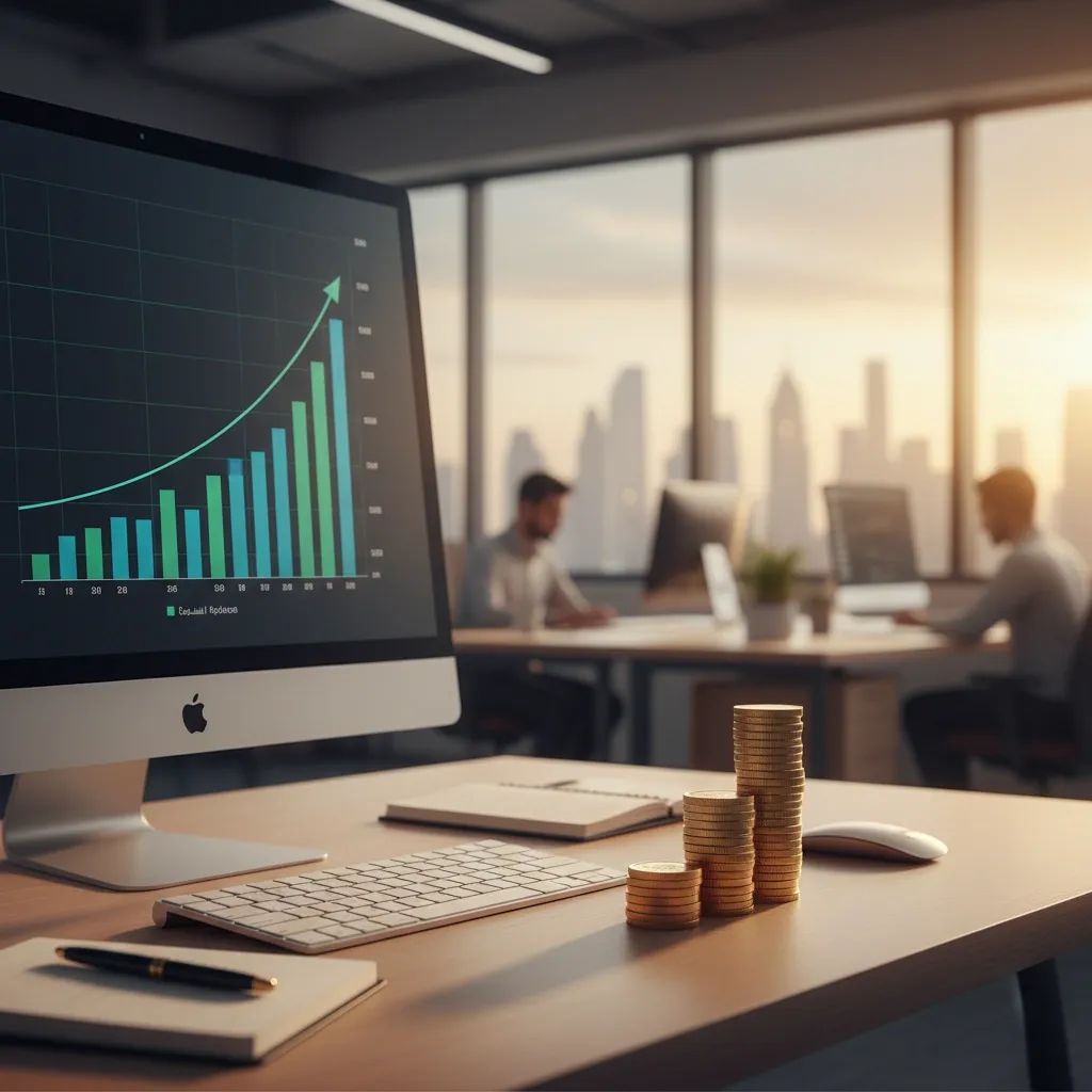 Emirati dirham coins next to computer showing a rising stock market chart