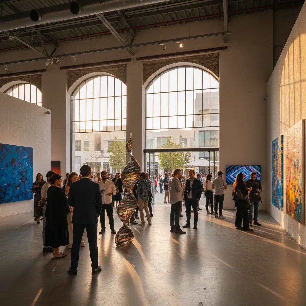 Diverse visitors exploring contemporary art installations in Dubai's Alserkal Avenue gallery district
