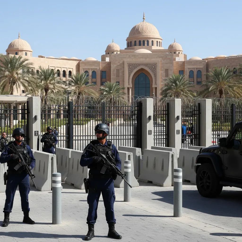 Security personnel guarding diplomatic compound entrance with protective barriers