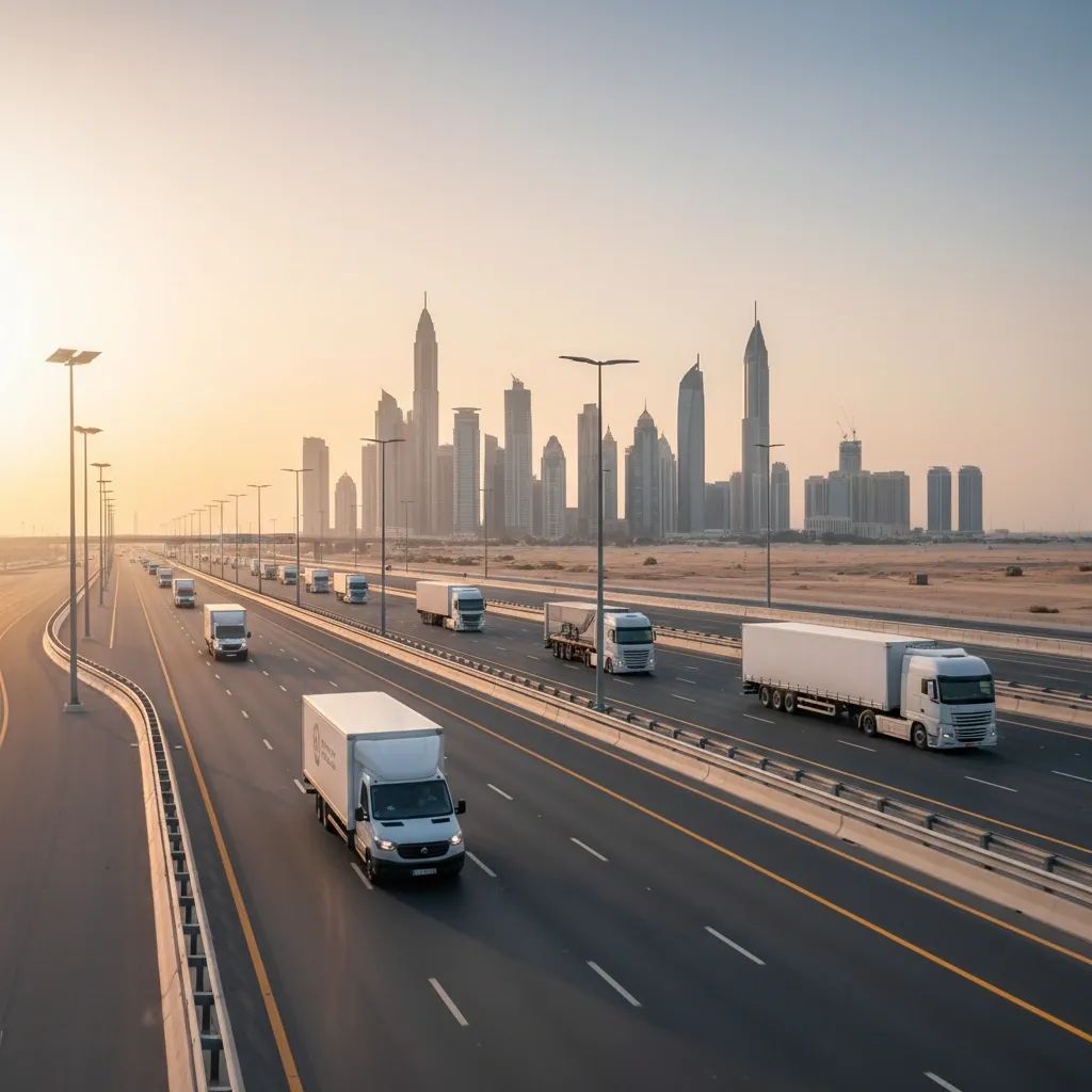 Cargo trucks and an electric van on a Dubai highway illustrating the city’s fast-growing, greener logistics sector