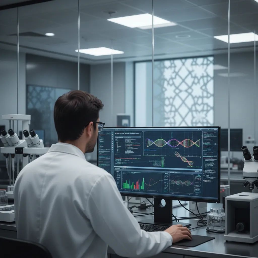 Lab technician at Abu Dhabi genetics centre reviews DNA sequencing results in high-tech laboratory