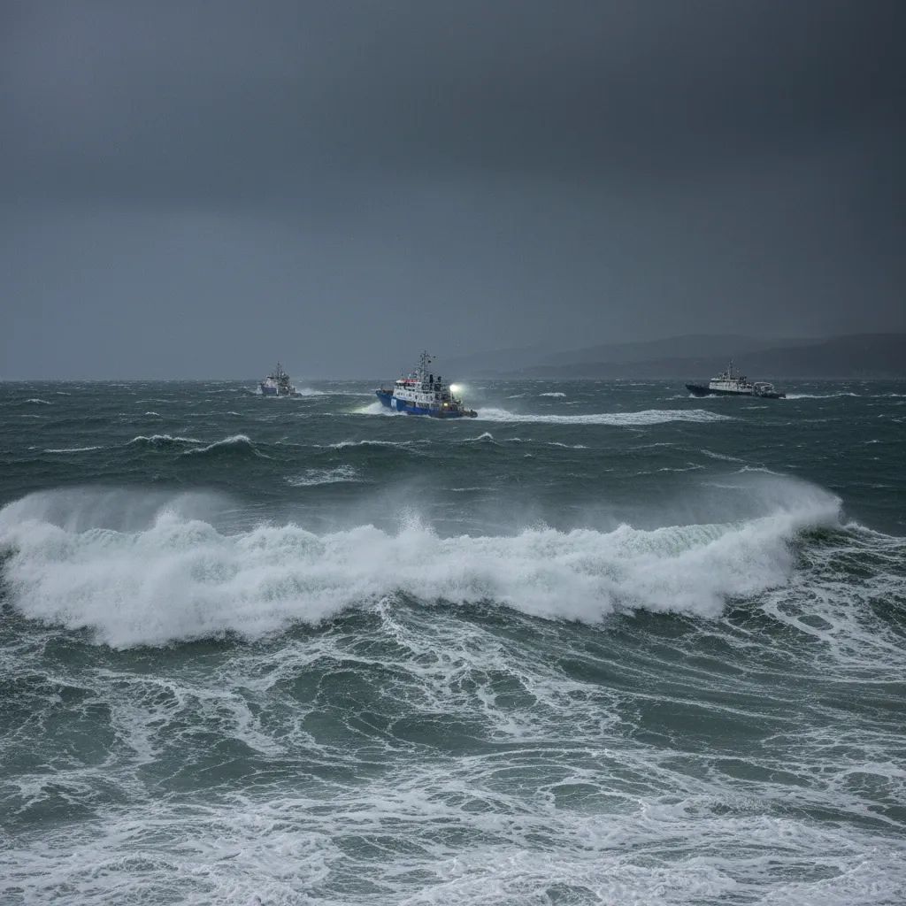 Rescue boats operating in rough Mediterranean waters during migrant crisis response