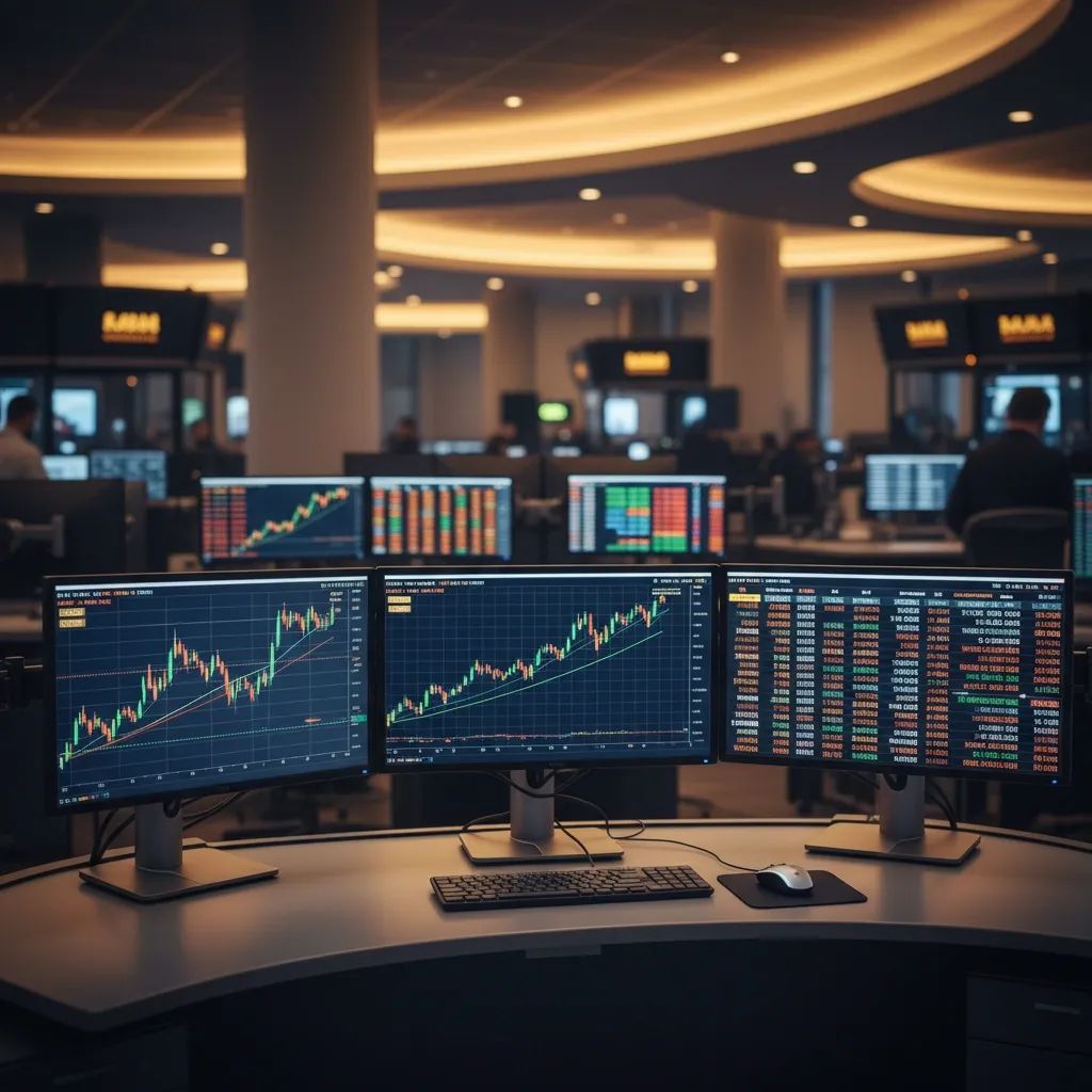 Financial trading screens showing gold price data and market charts on a digital trading floor