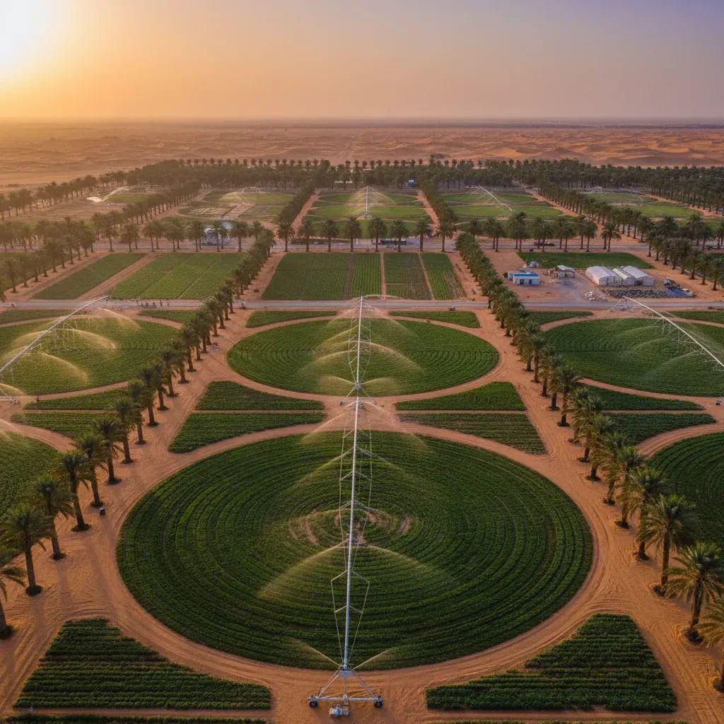 Sustainable agricultural field in UAE desert with date palms and modern irrigation systems for climate-resilient crop development