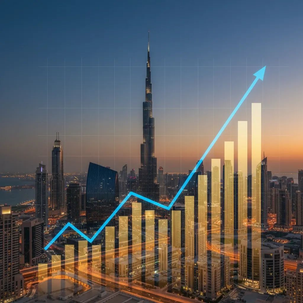 Dubai skyline at dusk with transparent upward-trending graph overlay showing property market growth