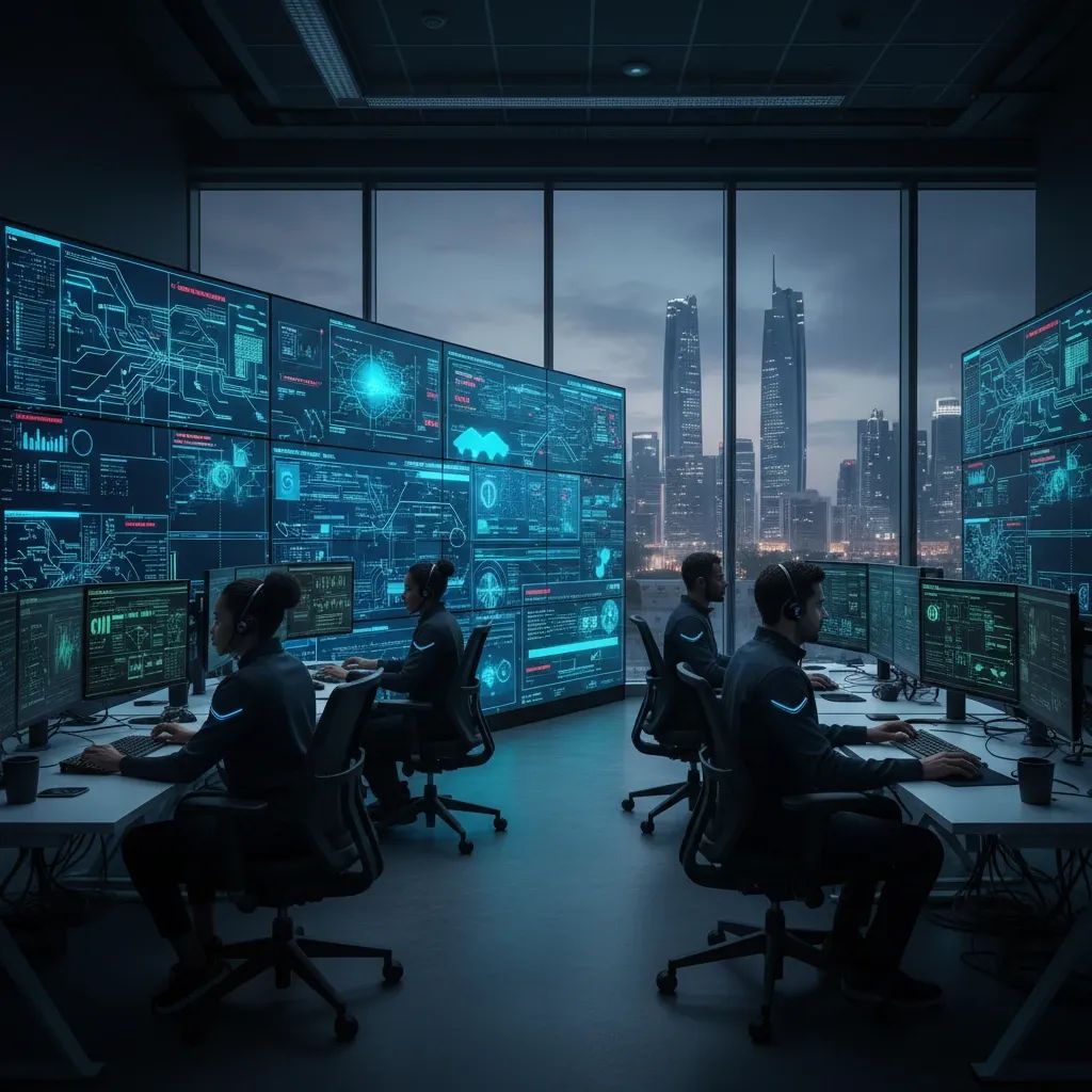 Cybersecurity operations team monitoring critical infrastructure systems on digital displays in modern control centre