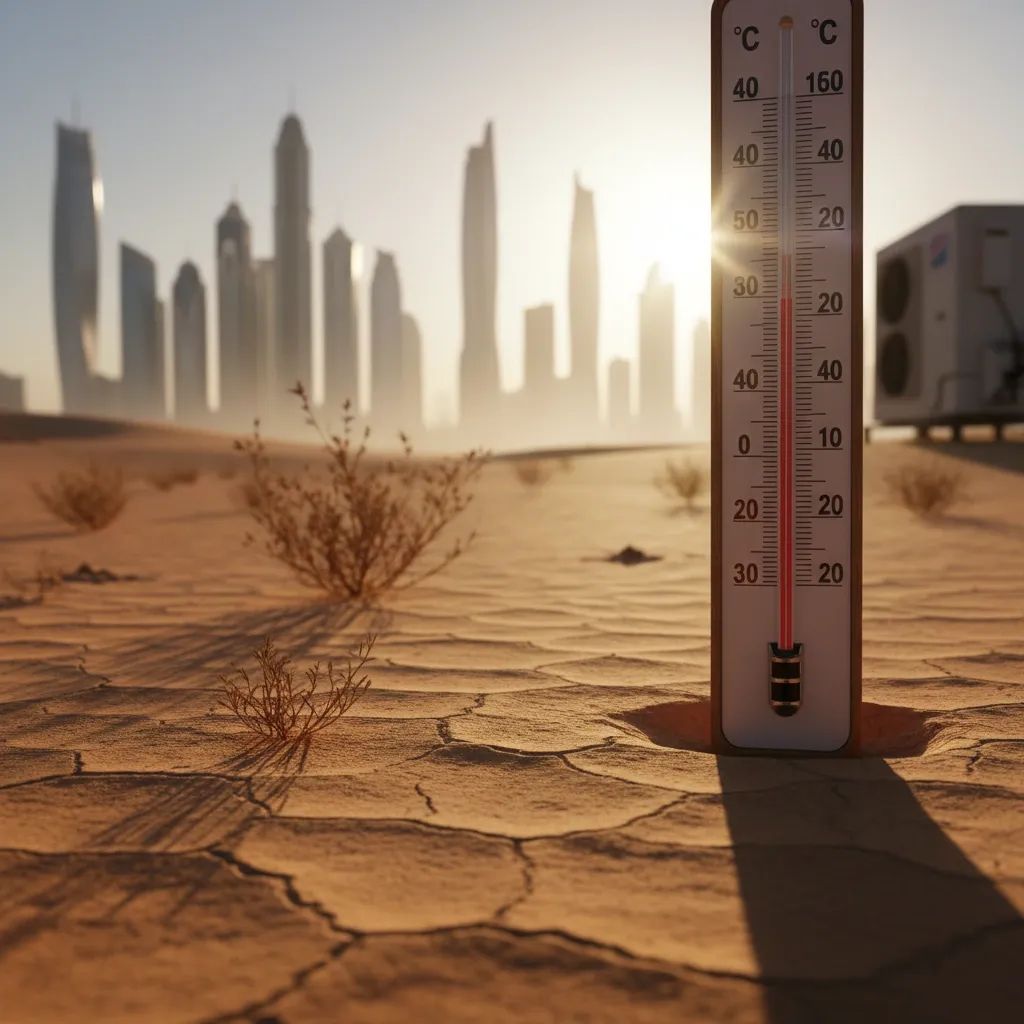 Thermometer showing extreme heat temperature with UAE desert cityscape background symbolizing May heatwave