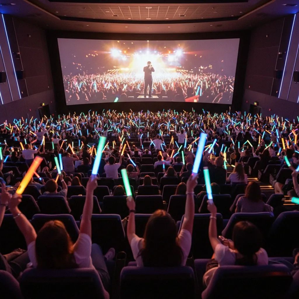 K-pop fans in IMAX cinema theater with lightsticks during BTS concert stream