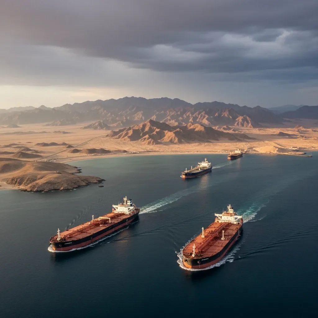 Aerial view of oil tankers crossing the Strait of Hormuz under a hazy sky, symbolising Gulf shipping security concerns