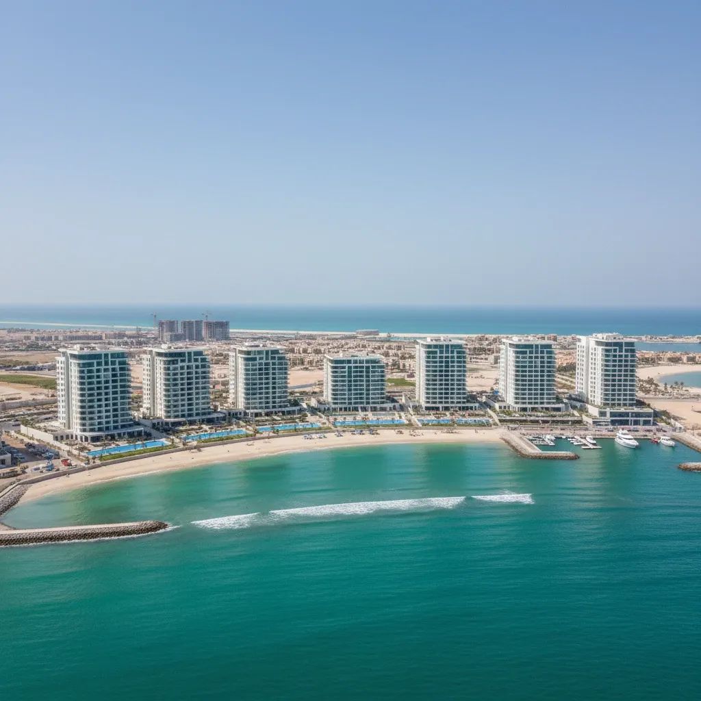 Aerial rendering of a modern waterfront residential district on Ras Al Khaimah’s Marjan Beach with Gulf waters beyond