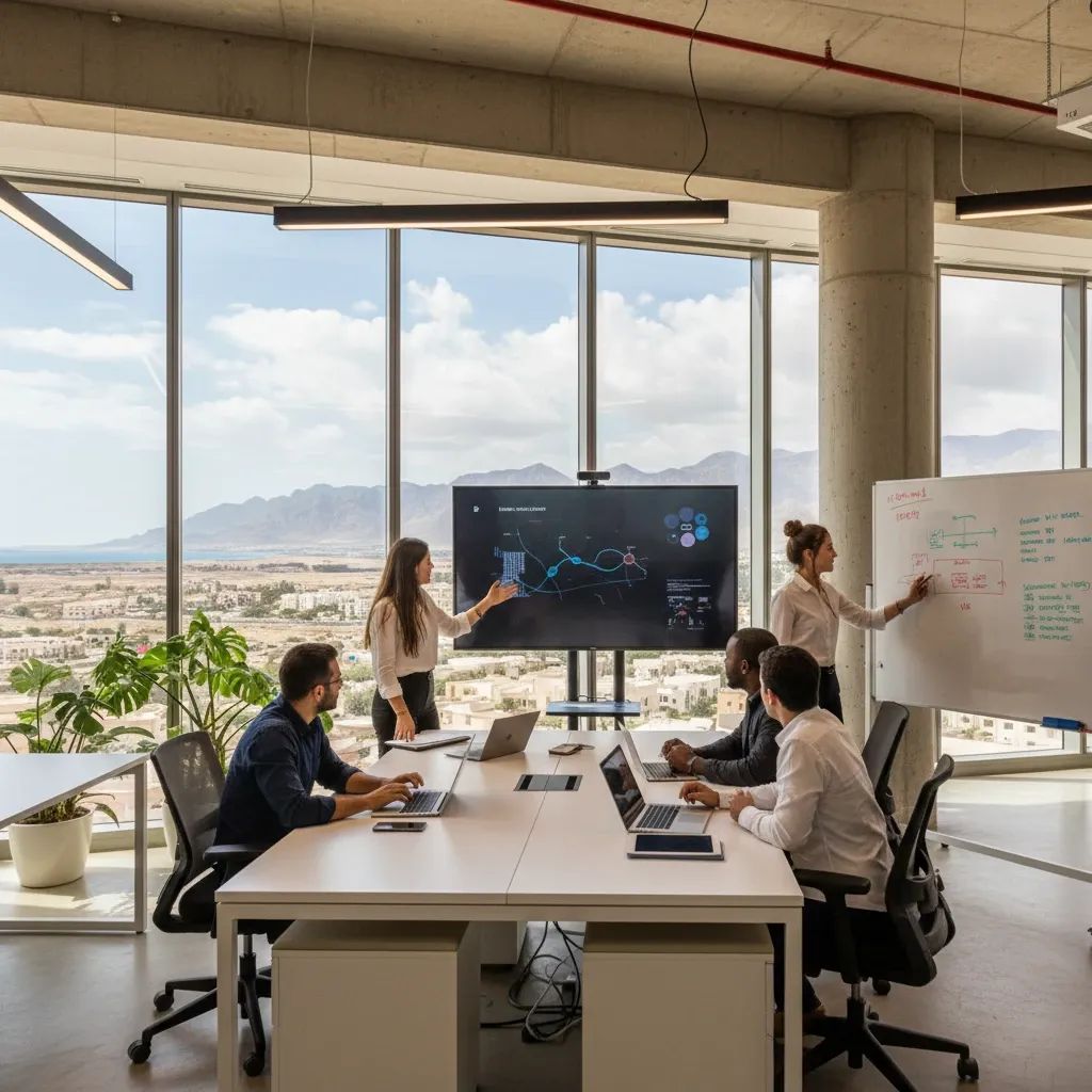 Modern creative workspace with diverse professionals in contemporary office setting, representing entrepreneurial opportunities at Fujairah Creative City