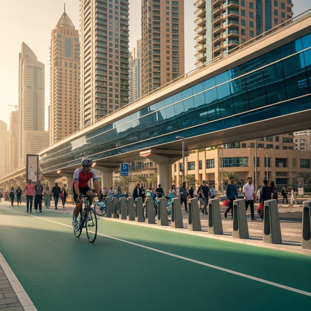 Cyclist on modern Dubai cycling track with contemporary architecture and transit infrastructure in background