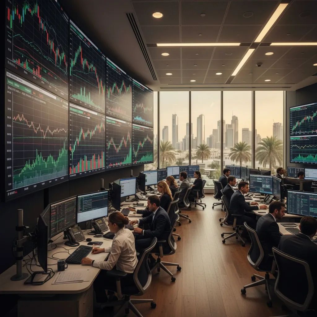 Stock traders at modern trading desk monitoring ADX market data on digital screens with graphs and financial indicators