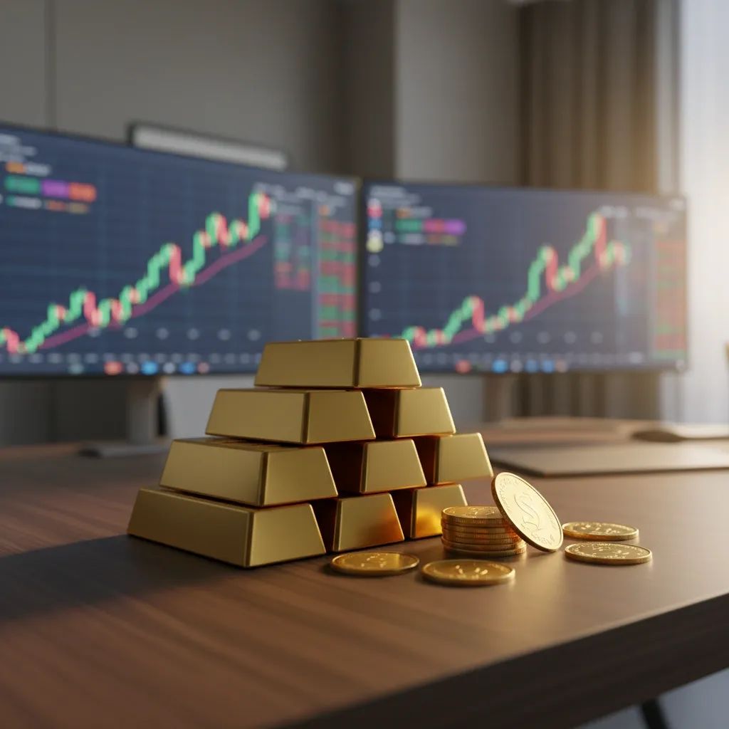Gold bars and coins with financial trading charts in background, representing precious metals investment opportunity