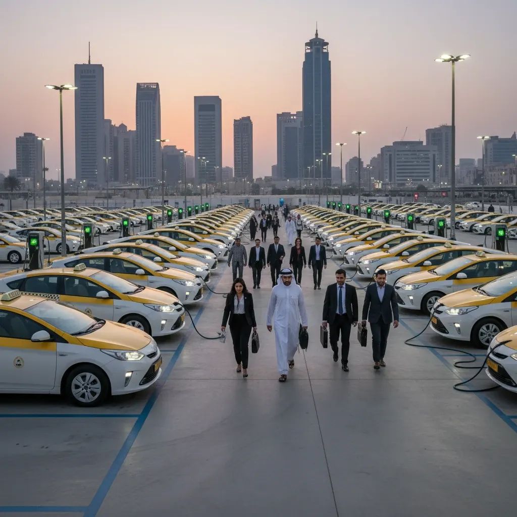 Modern Sharjah taxi fleet with hybrid vehicles at organized depot, representing regulated transport expansion and green mobility infrastructure in the emirate