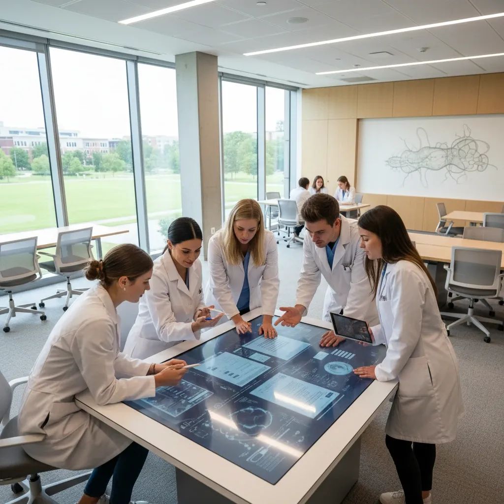 Medical students and doctors collaborating in modern university campus setting