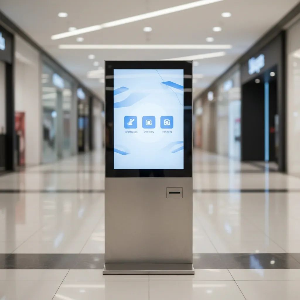 Digital service kiosk with touchscreen interface in modern police station environment