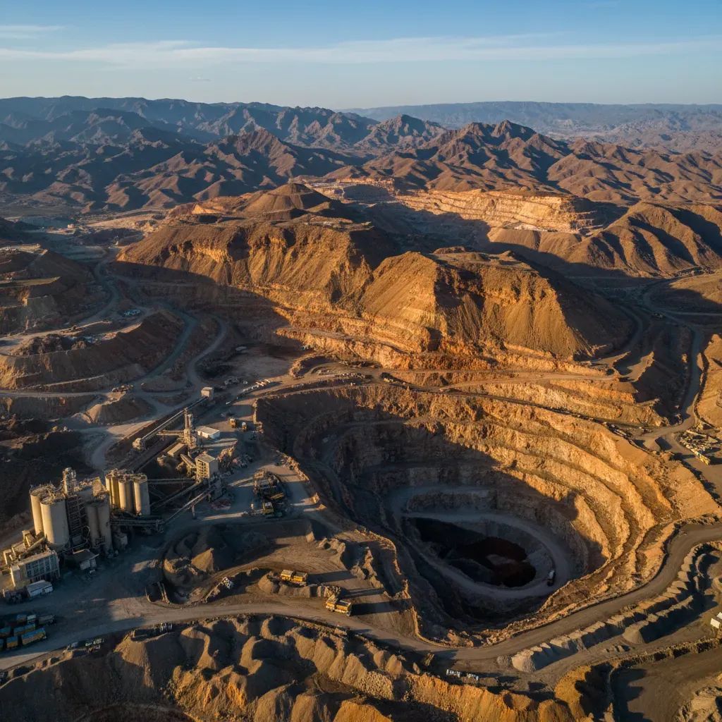 Aerial view of Fujairah mining zones showing extraction sites and exposed geological rock formations
