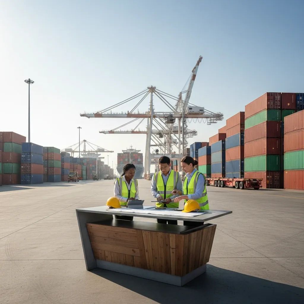 Cargo containers and logistics workers managing shipping documentation at port terminal