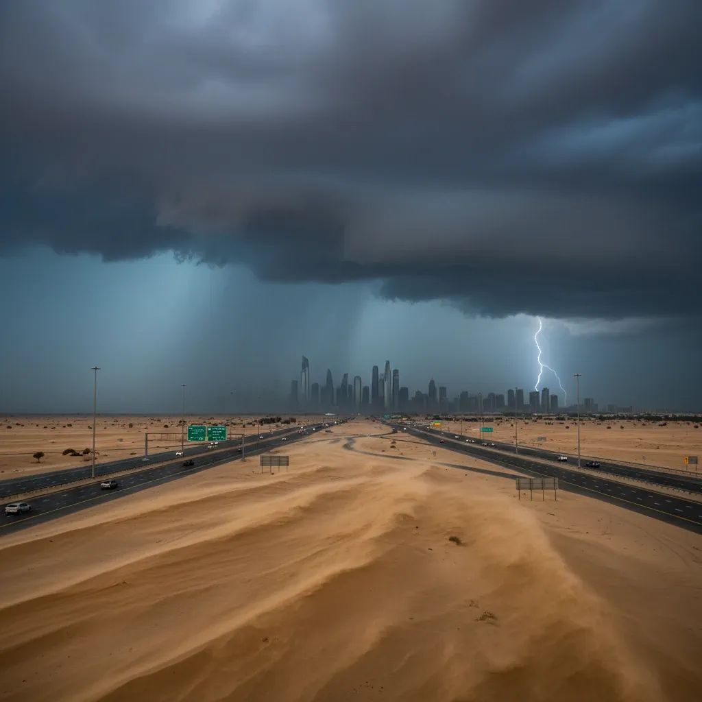 Storm clouds and dust gathering over UAE desert with city skyline during severe weather warning