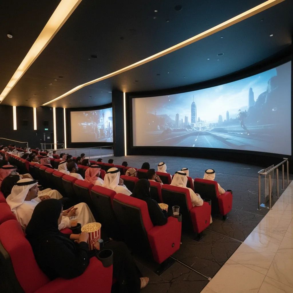 Modern UAE cinema multiplex with diverse audience members watching films on screens during Eid season