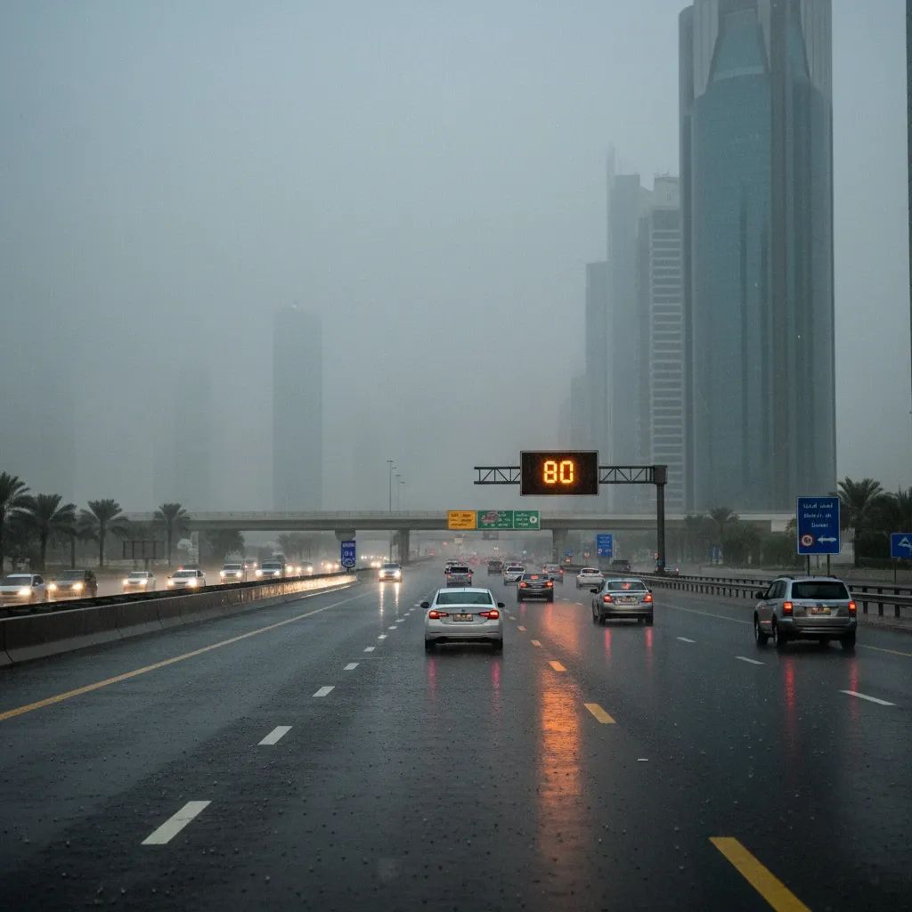 Wet highway in Abu Dhabi with electronic speed limit signboard during rainfall and reduced visibility conditions