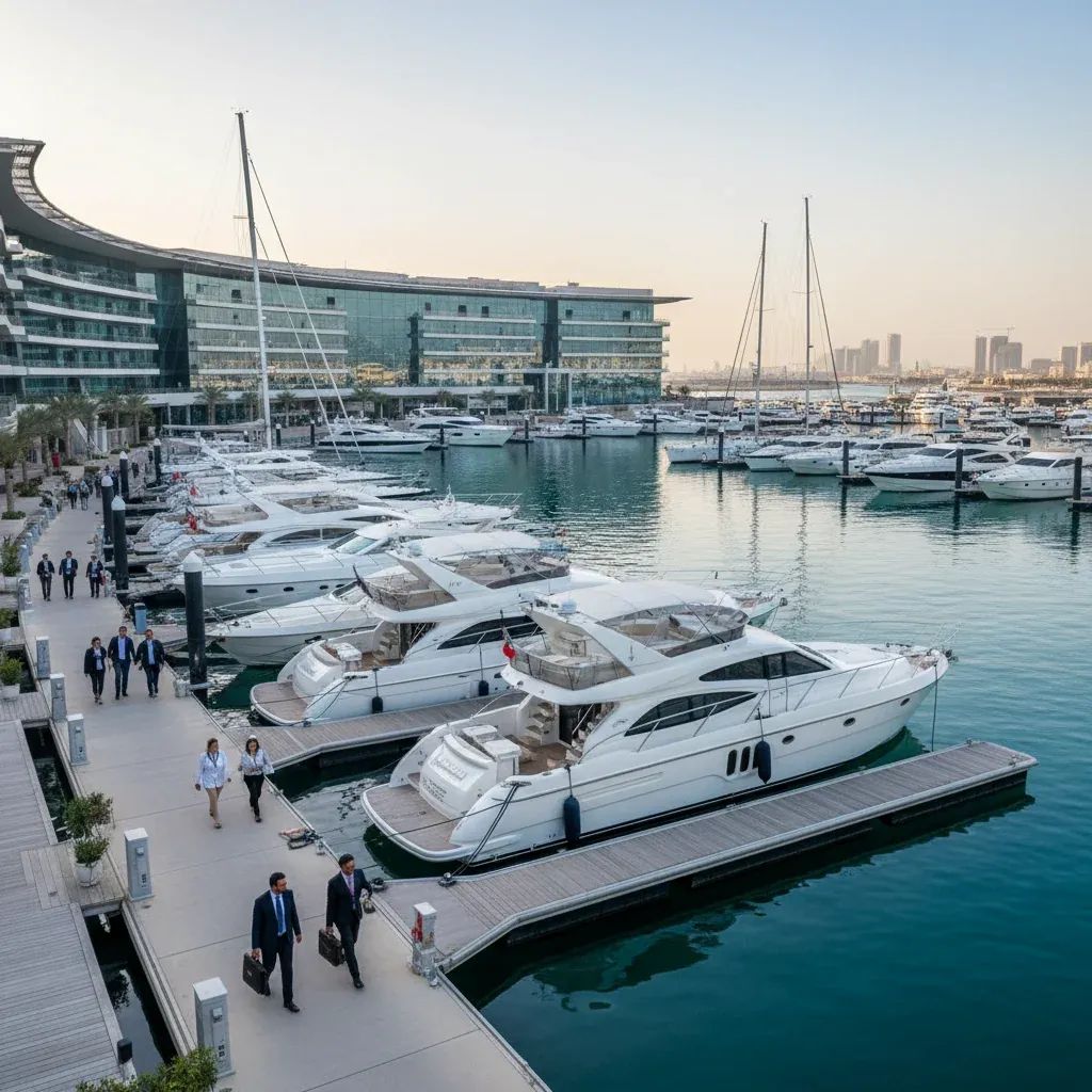 Luxury yachts docked at Abu Dhabi Marina Hall with professional attendees exploring exhibits
