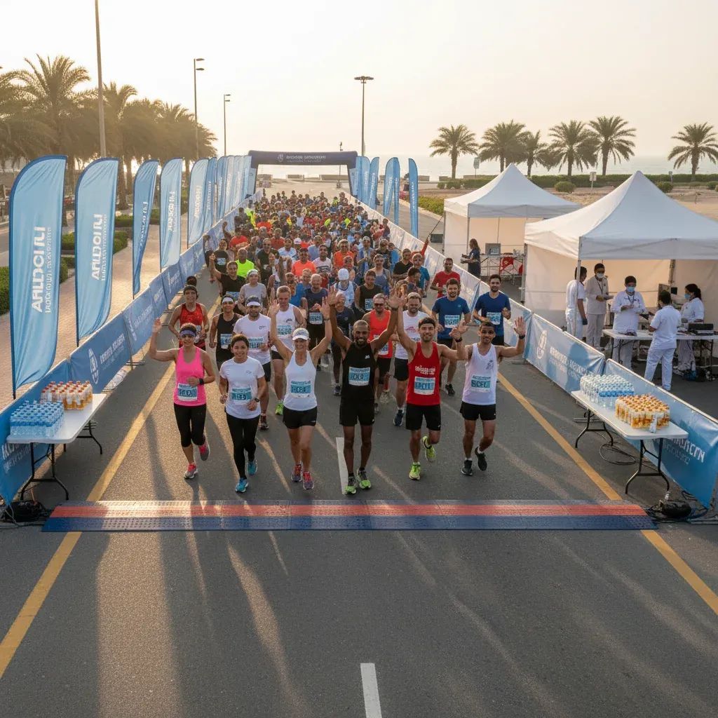 Diverse runners at Tadawi Run finish line with health screening station setup in Dubai Jumeirah