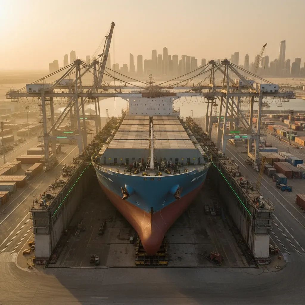 Aerial shot of cargo ship in Dubai dry dock with cranes, illustrating sustainable retrofit work