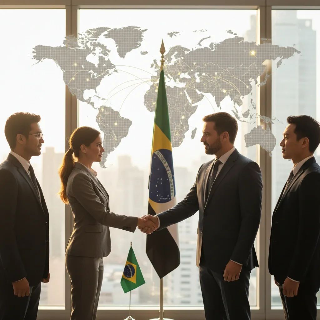Business professionals shaking hands with trade and flags representing UAE-Brazil partnership agreement