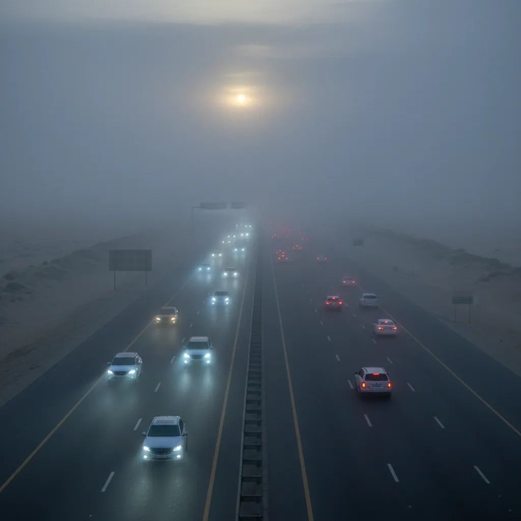 Dense fog obscuring highway with vehicles using headlights in low-visibility conditions during early morning UAE commute