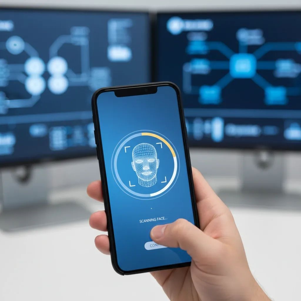 Smartphone displaying facial recognition biometric authentication for banking security