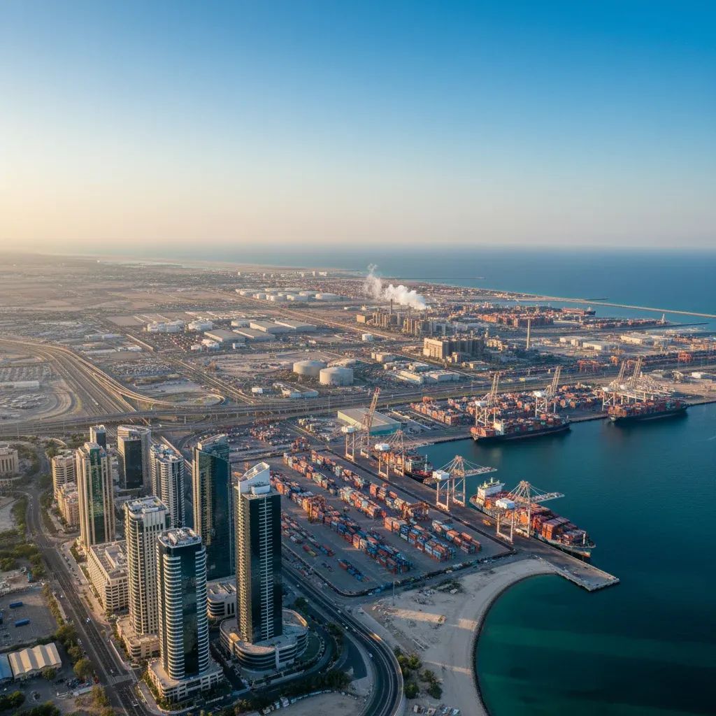 Abu Dhabi industrial and commercial district showing port facilities and urban infrastructure impacted by regional security developments
