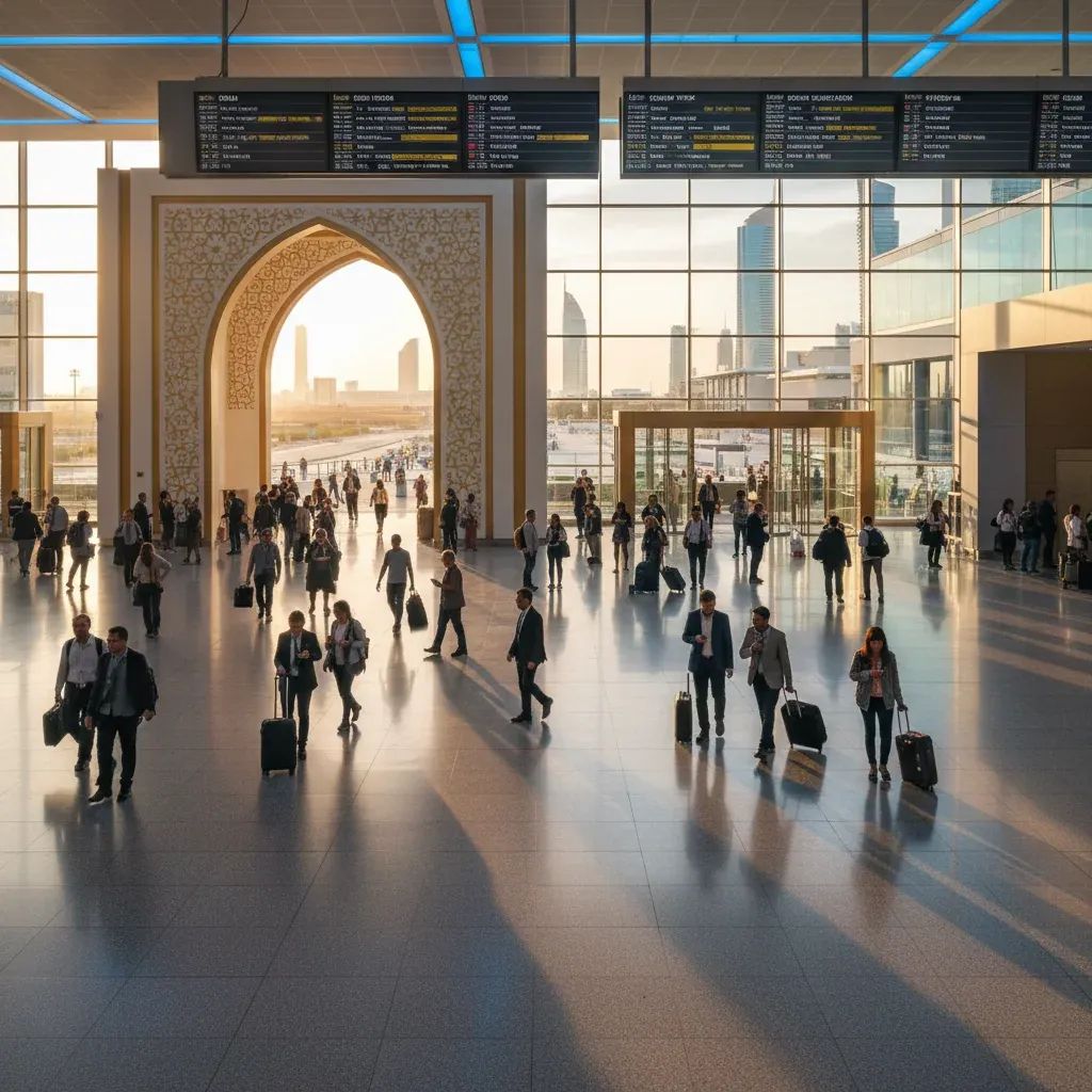 International travelers at modern airport with destination boards, representing global mobility and travel access