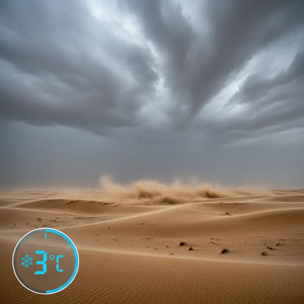Dark storm clouds and dust clouds over UAE desert landscape during weather alert conditions