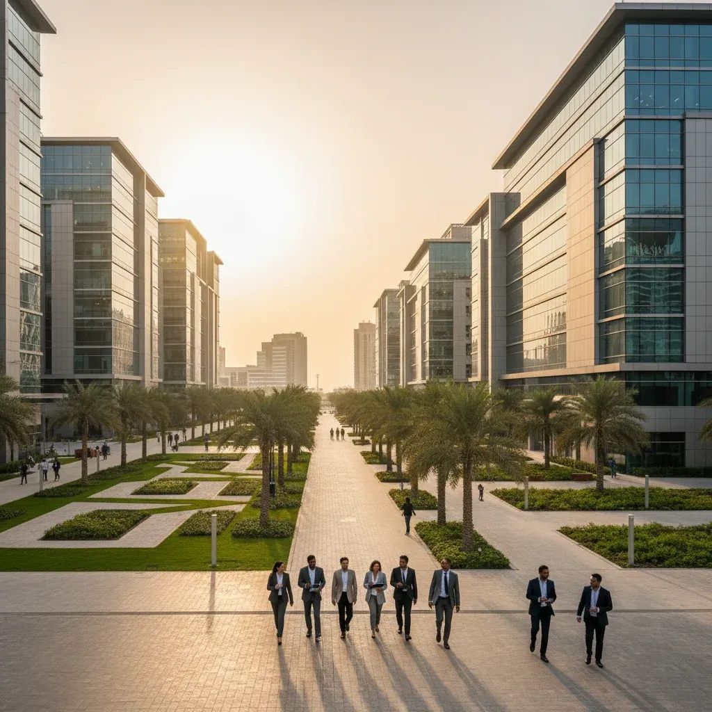Professional business district in Dubai with modern office buildings and professionals, representing SME support and economic relief programs