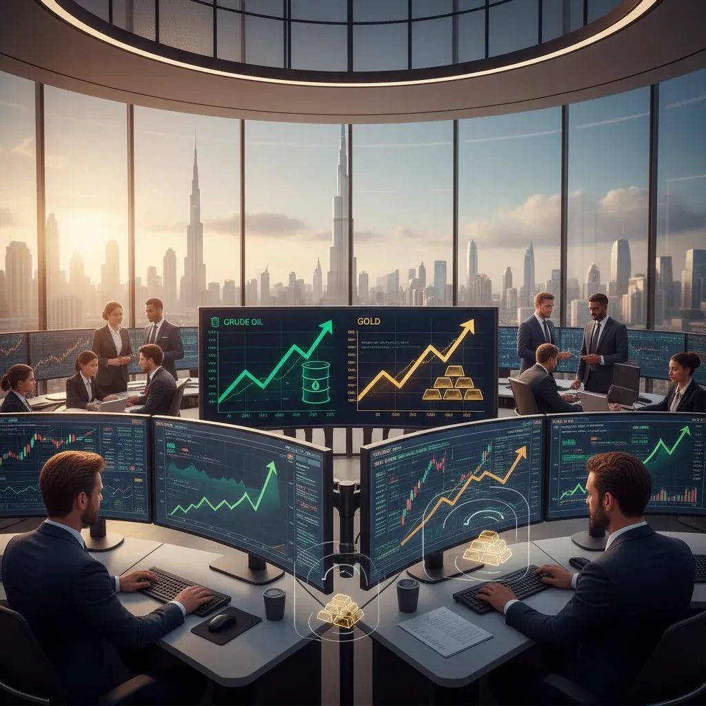 Financial traders monitoring oil and gold price surges on market screens with UAE skyline backdrop