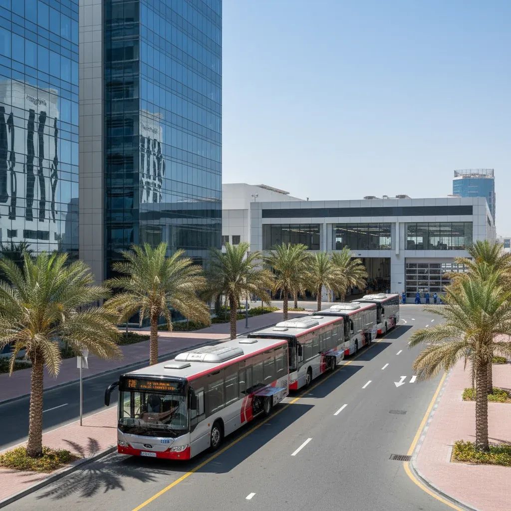 Dubai RTA buses operating on urban street demonstrating advanced maintenance and durability standards