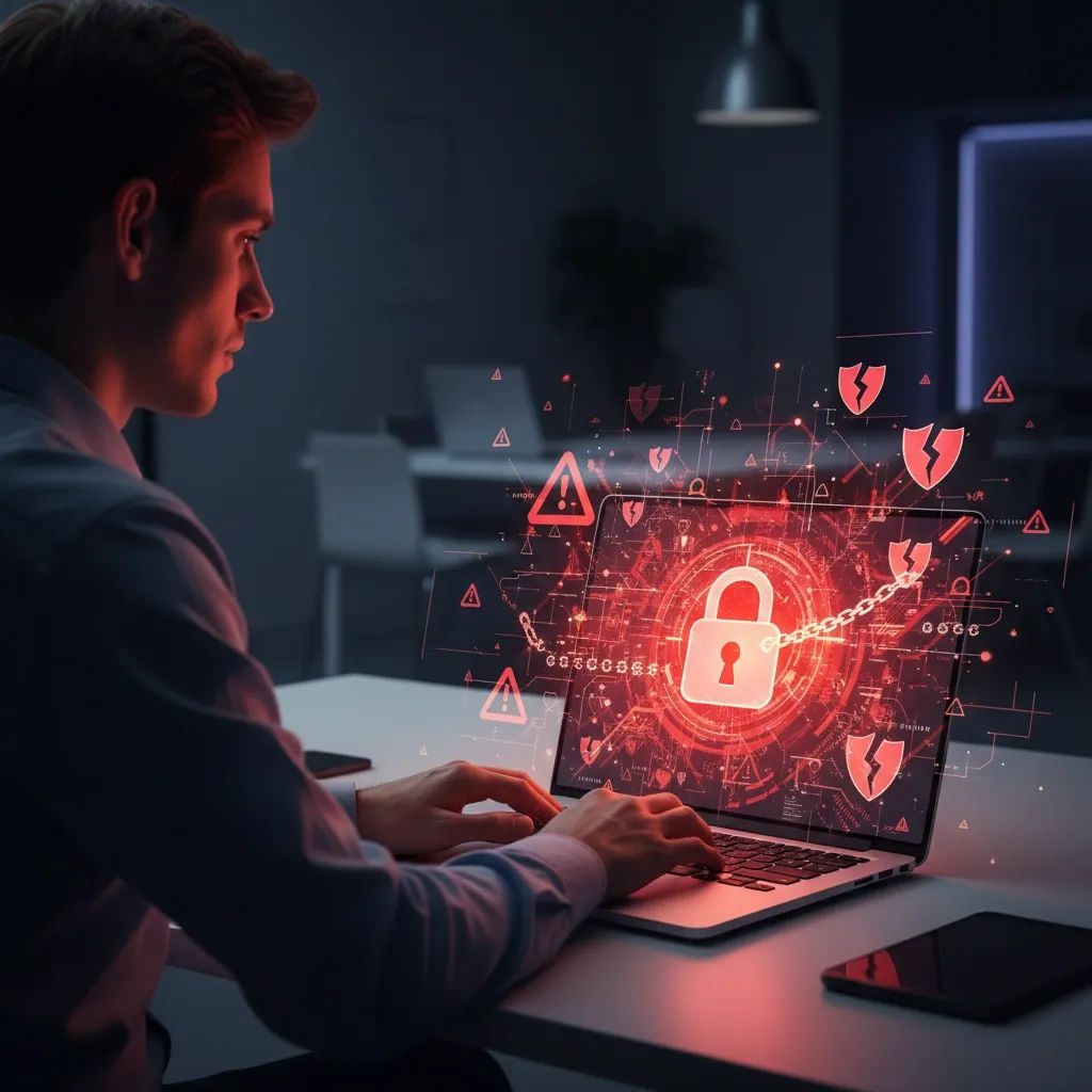 Digital security threat visualization with laptop displaying fraud warning symbols and protection icons