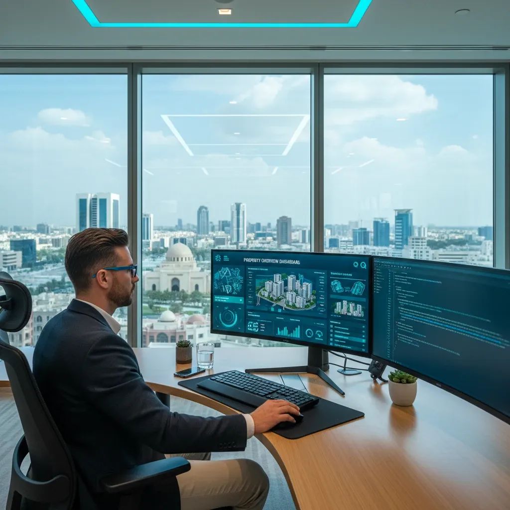 Developer working on Aqari platform dashboard in modern Sharjah office with city views
