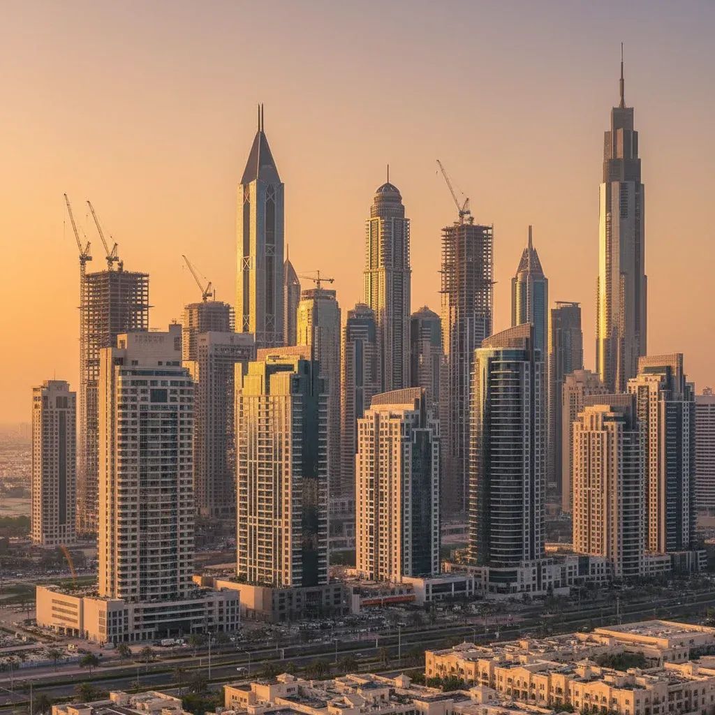 Dubai skyline showing modern residential towers and construction cranes during sunset, representing property market growth